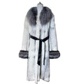 LUXURY RABBIT FUR LONG COAT DYED BLUE FOX COLLAR CUFFS BELTED JAPAN image 1