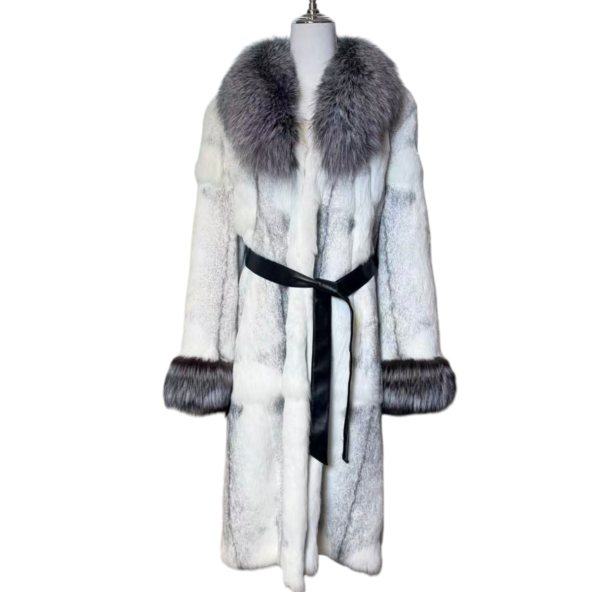 LUXURY RABBIT FUR LONG COAT DYED BLUE FOX COLLAR CUFFS BELTED JAPAN image 2