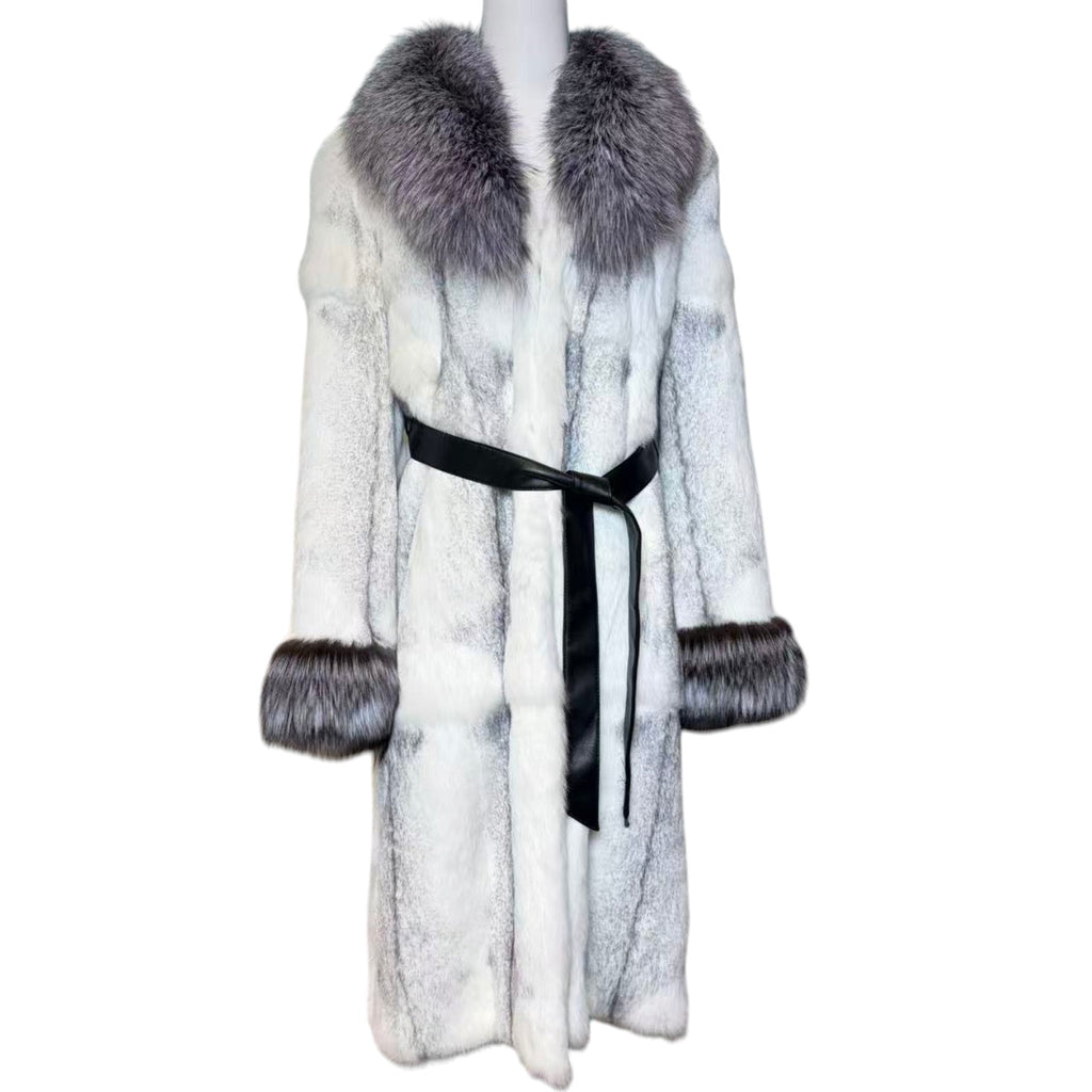 LUXURY RABBIT FUR LONG COAT DYED BLUE FOX COLLAR CUFFS BELTED JAPAN image 3