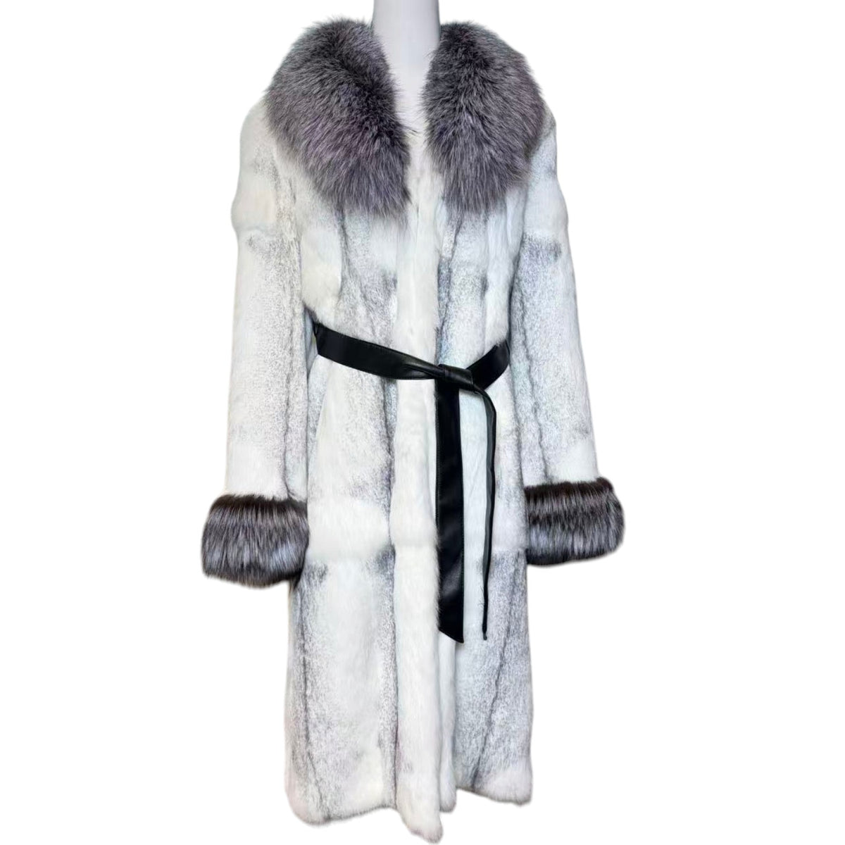 LUXURY RABBIT FUR LONG COAT DYED BLUE FOX COLLAR CUFFS BELTED JAPAN image 3