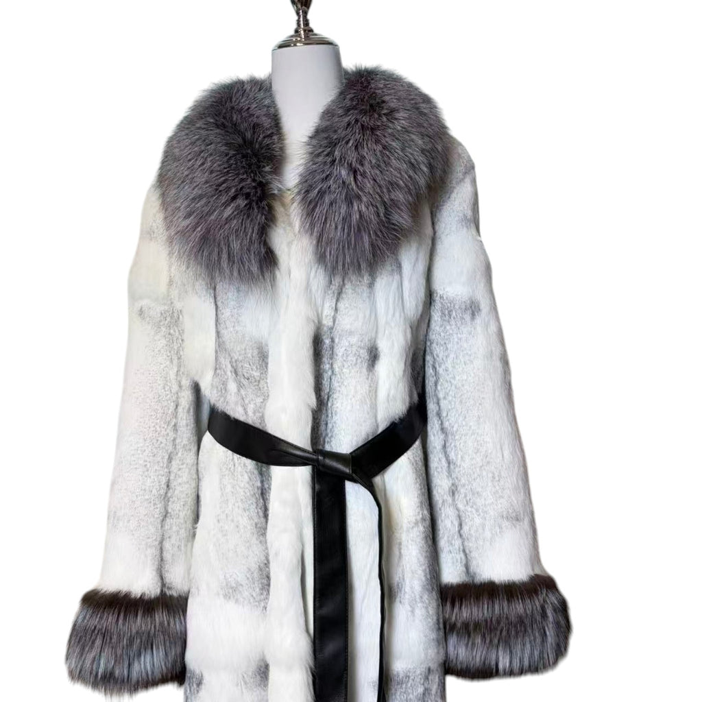 LUXURY RABBIT FUR LONG COAT DYED BLUE FOX COLLAR CUFFS BELTED JAPAN image 4