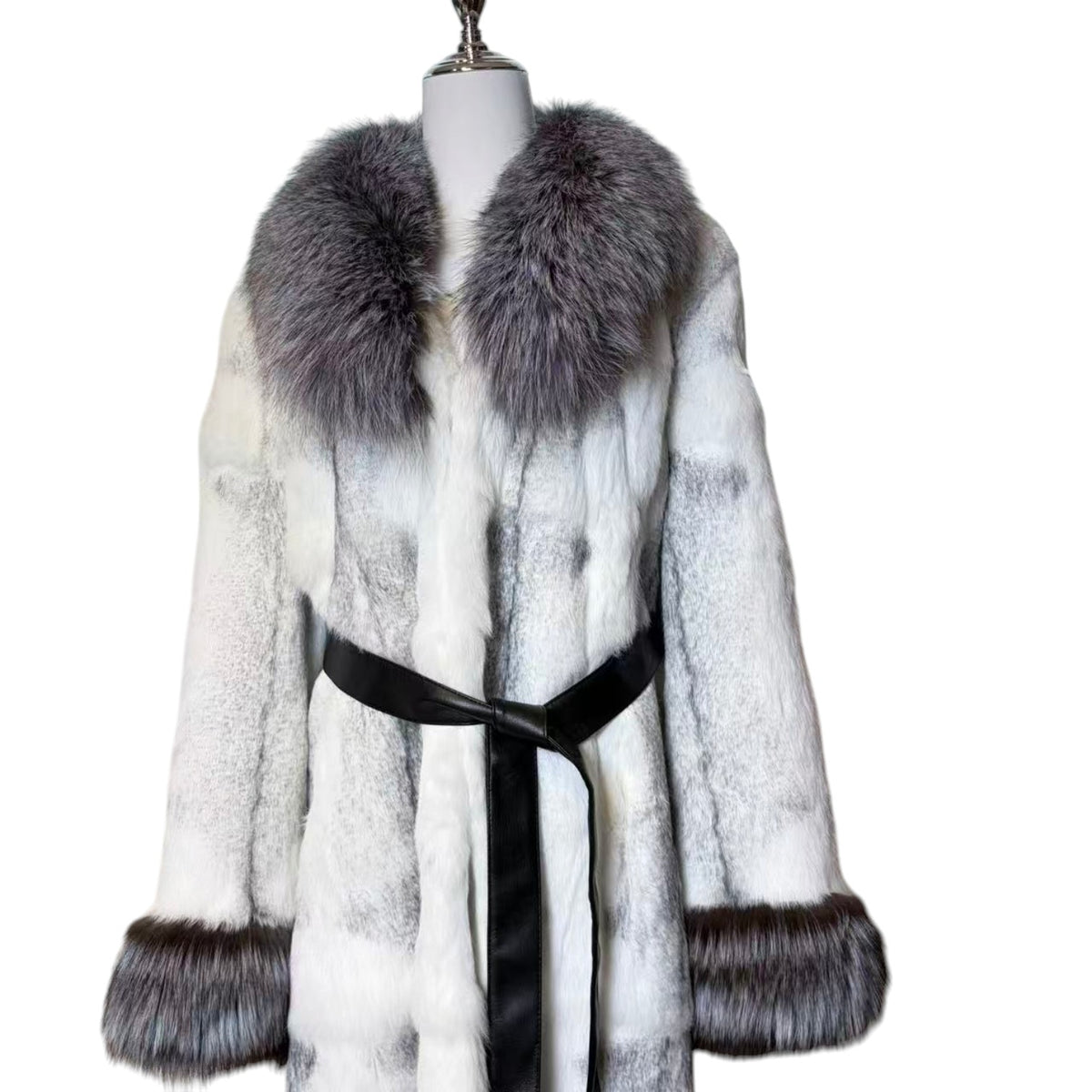 LUXURY RABBIT FUR LONG COAT DYED BLUE FOX COLLAR CUFFS BELTED JAPAN image 4