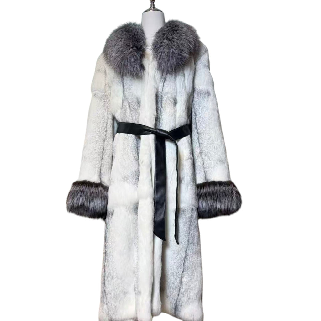 LUXURY RABBIT FUR LONG COAT DYED BLUE FOX COLLAR CUFFS BELTED JAPAN image 5