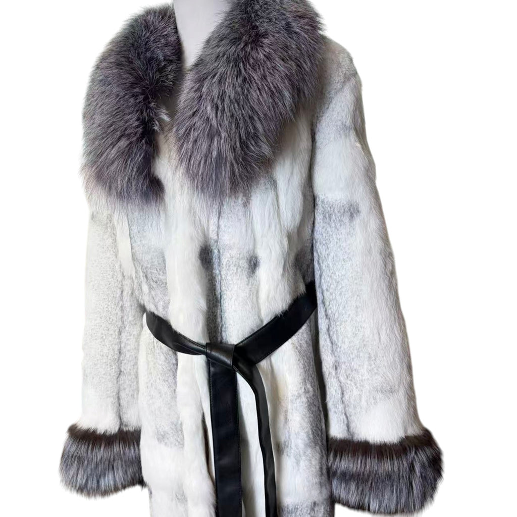 LUXURY RABBIT FUR LONG COAT DYED BLUE FOX COLLAR CUFFS BELTED JAPAN image 6