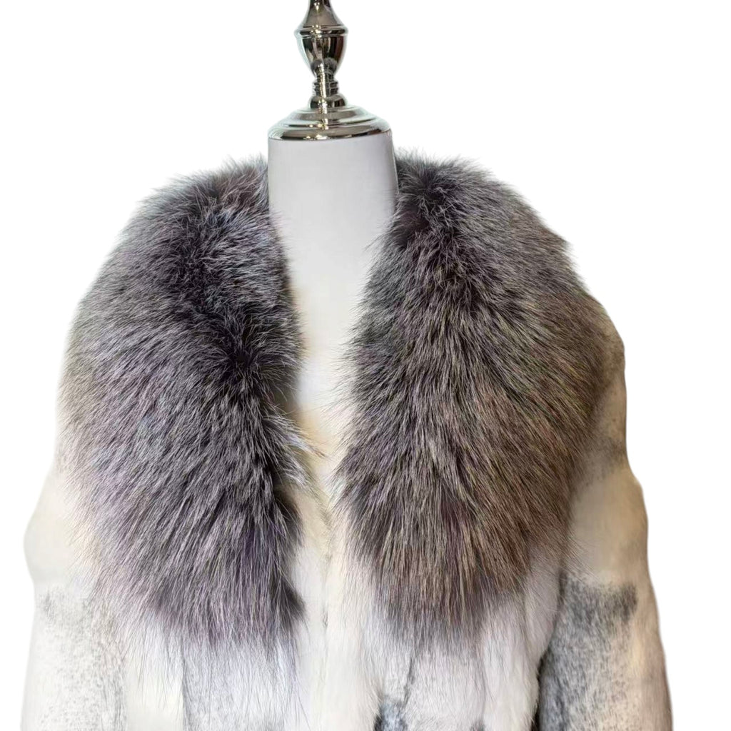 LUXURY RABBIT FUR LONG COAT DYED BLUE FOX COLLAR CUFFS BELTED JAPAN image 7