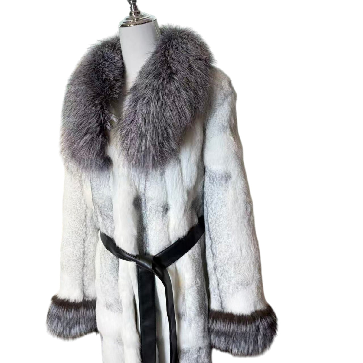 LUXURY RABBIT FUR LONG COAT DYED BLUE FOX COLLAR CUFFS BELTED JAPAN image 8