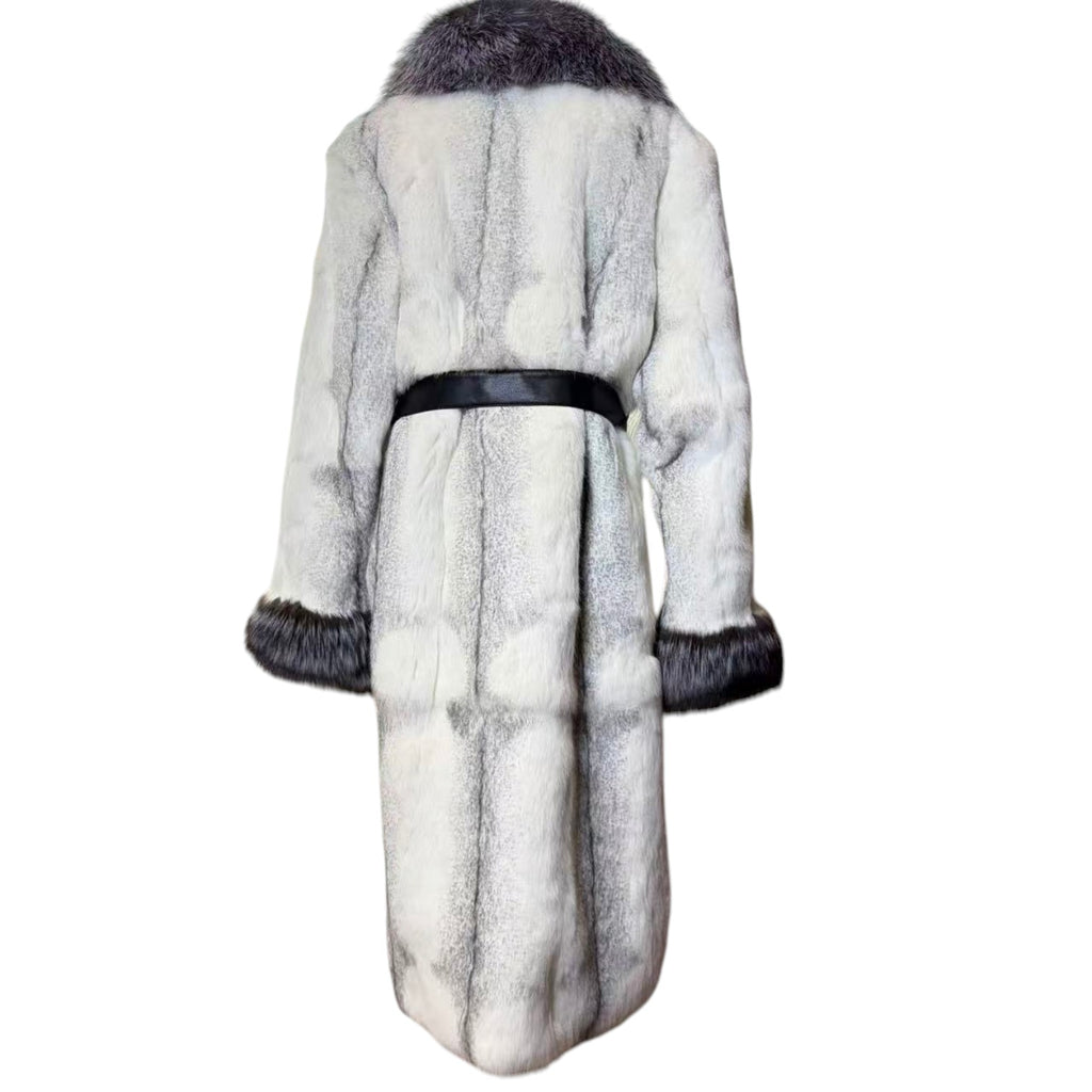 LUXURY RABBIT FUR LONG COAT DYED BLUE FOX COLLAR CUFFS BELTED JAPAN image 9