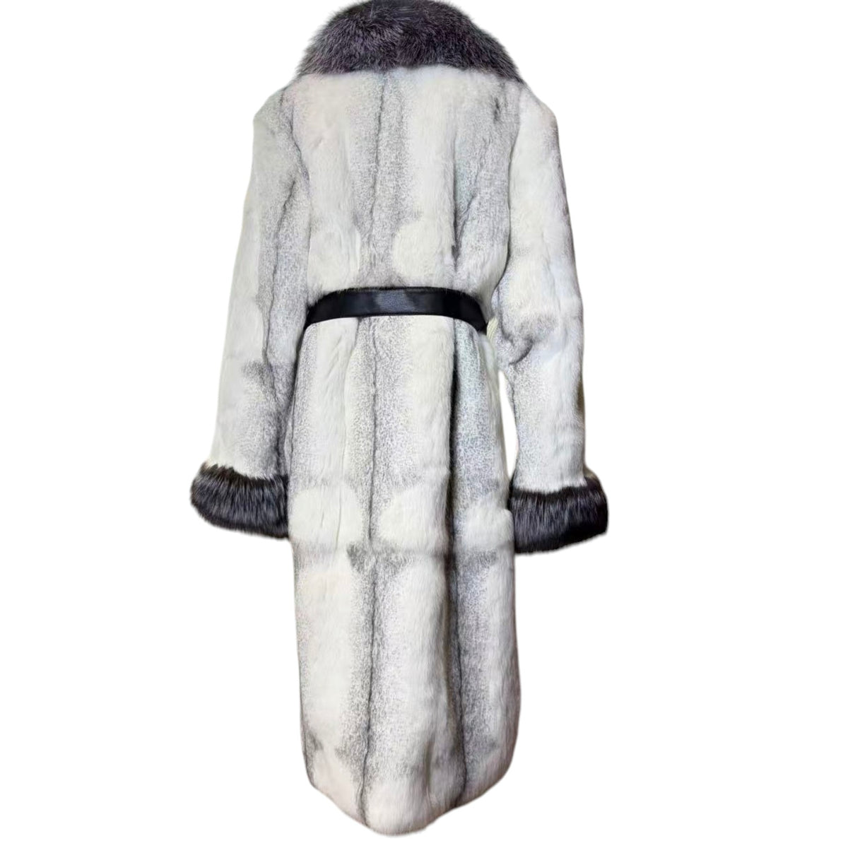 LUXURY RABBIT FUR LONG COAT DYED BLUE FOX COLLAR CUFFS BELTED JAPAN image 9