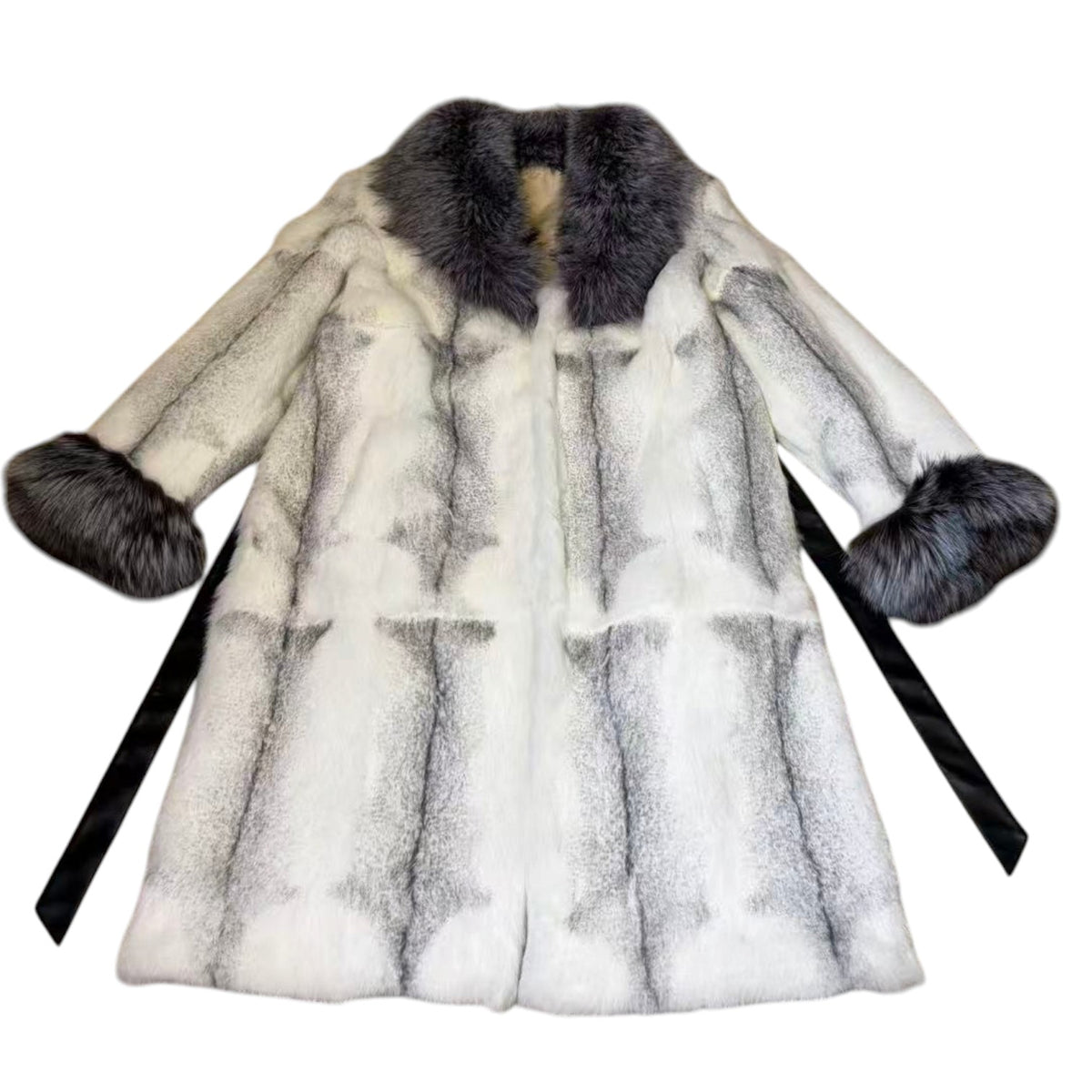 LUXURY RABBIT FUR LONG COAT DYED BLUE FOX COLLAR CUFFS BELTED JAPAN image 10