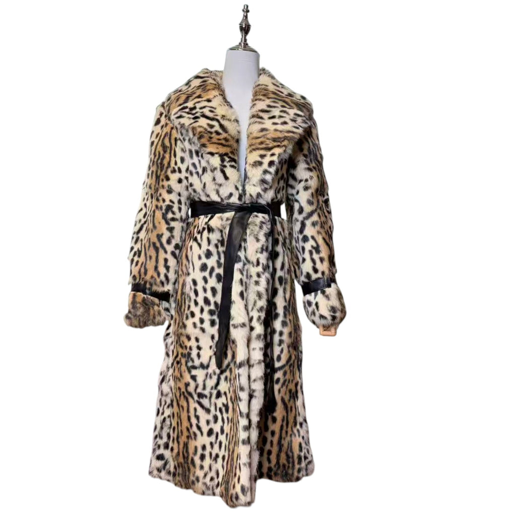 REAL RABBIT FUR LONG COAT LEOPARD PRINT NOTCHED LAPEL BELTED JAPAN image 2