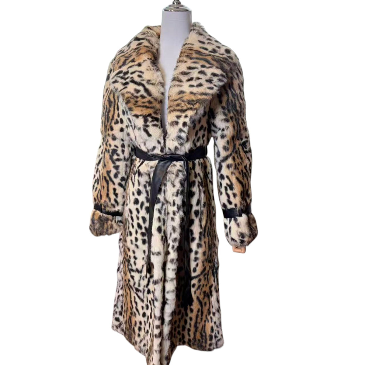 REAL RABBIT FUR LONG COAT LEOPARD PRINT NOTCHED LAPEL BELTED JAPAN image 3