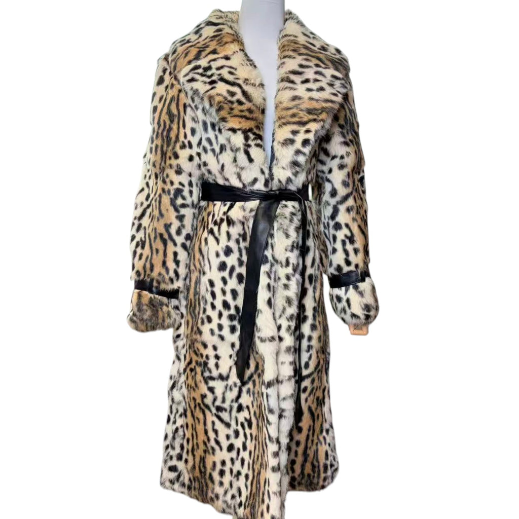 REAL RABBIT FUR LONG COAT LEOPARD PRINT NOTCHED LAPEL BELTED JAPAN image 4