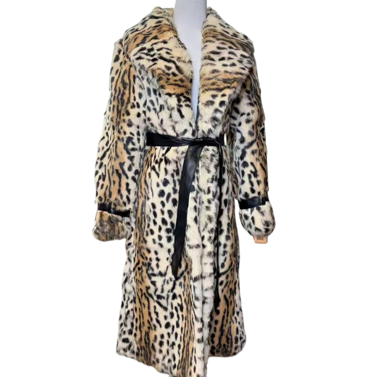 REAL RABBIT FUR LONG COAT LEOPARD PRINT NOTCHED LAPEL BELTED JAPAN image 4