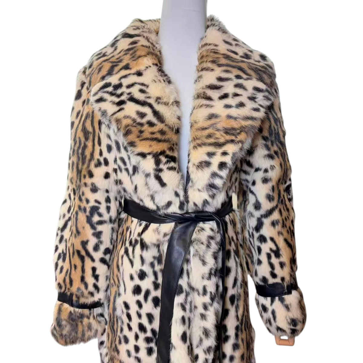 REAL RABBIT FUR LONG COAT LEOPARD PRINT NOTCHED LAPEL BELTED JAPAN image 5