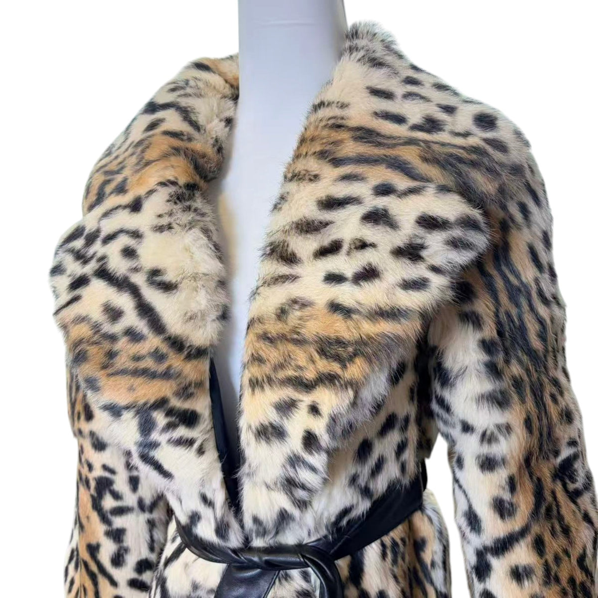 REAL RABBIT FUR LONG COAT LEOPARD PRINT NOTCHED LAPEL BELTED JAPAN image 6