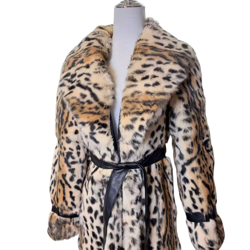 REAL RABBIT FUR LONG COAT LEOPARD PRINT NOTCHED LAPEL BELTED JAPAN image 7