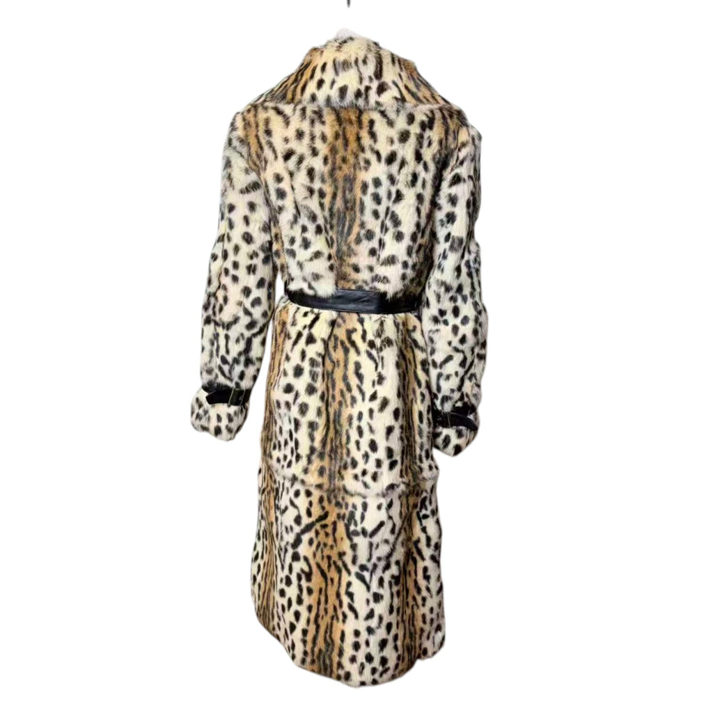 REAL RABBIT FUR LONG COAT LEOPARD PRINT NOTCHED LAPEL BELTED JAPAN image 8