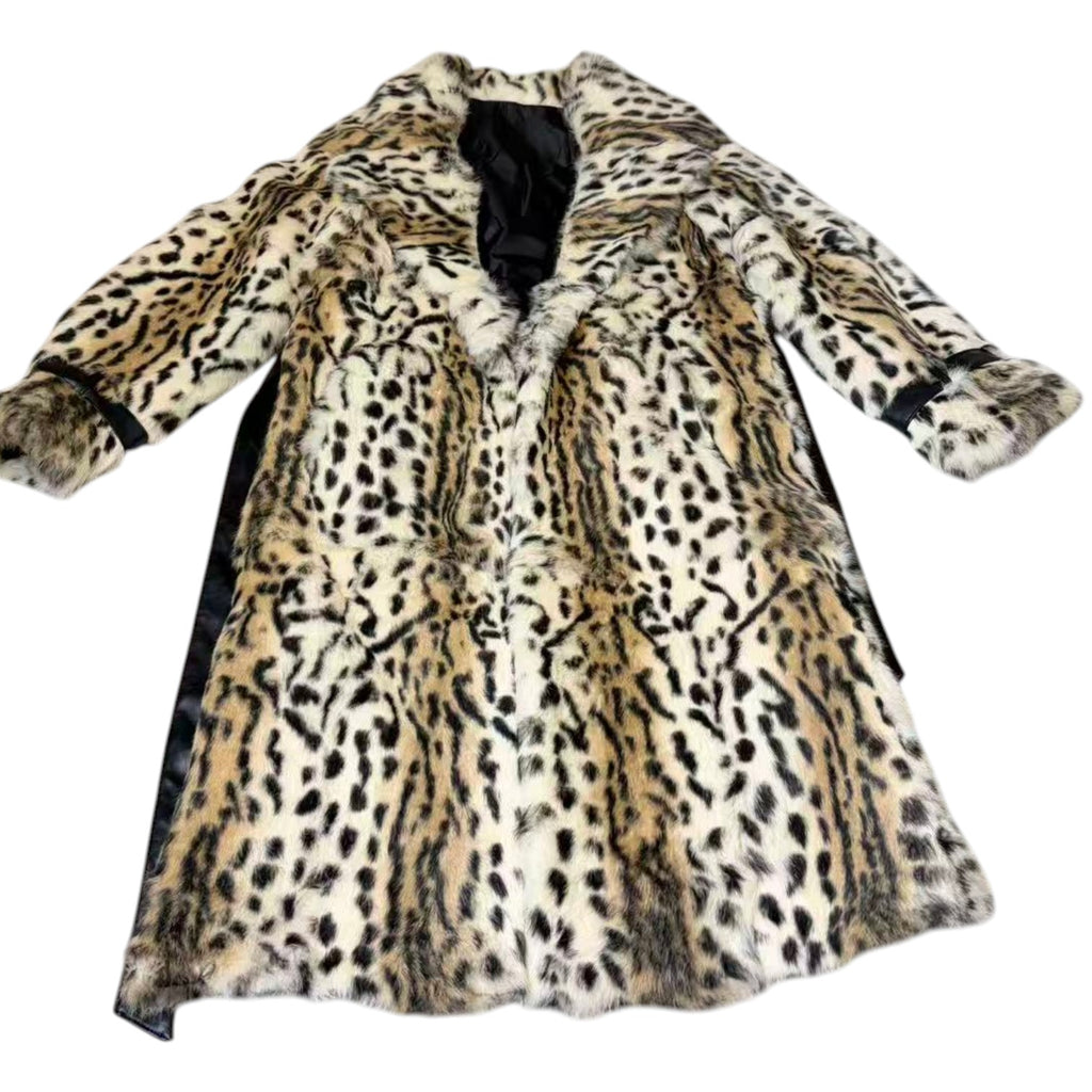 REAL RABBIT FUR LONG COAT LEOPARD PRINT NOTCHED LAPEL BELTED JAPAN image 9