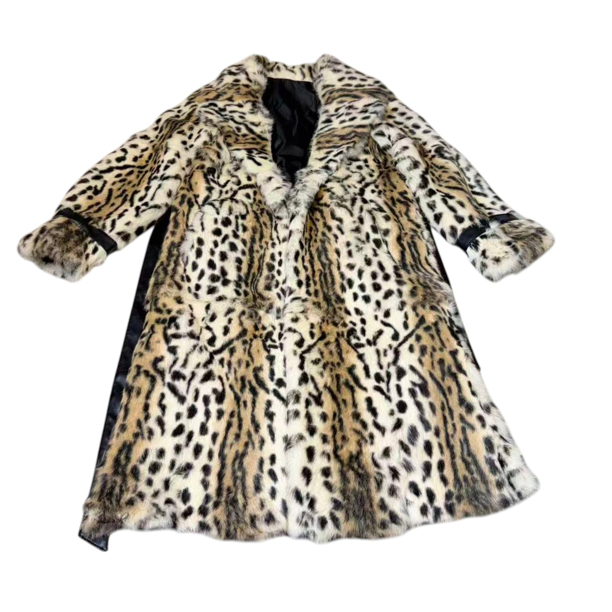 REAL RABBIT FUR LONG COAT LEOPARD PRINT NOTCHED LAPEL BELTED JAPAN image 10