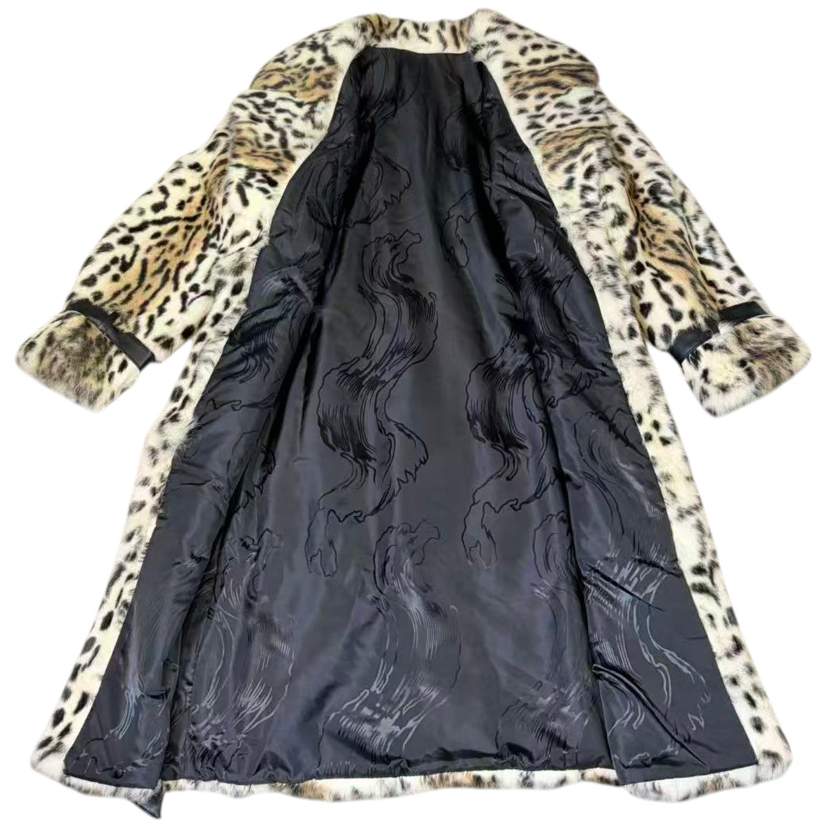 REAL RABBIT FUR LONG COAT LEOPARD PRINT NOTCHED LAPEL BELTED JAPAN image 11