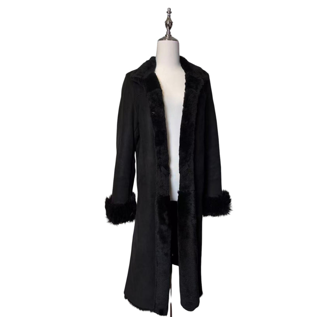 REAL SHEARLING SHEEPSKIN FUR LONG COAT JACKET BLACK SIZE M FROM JAPAN