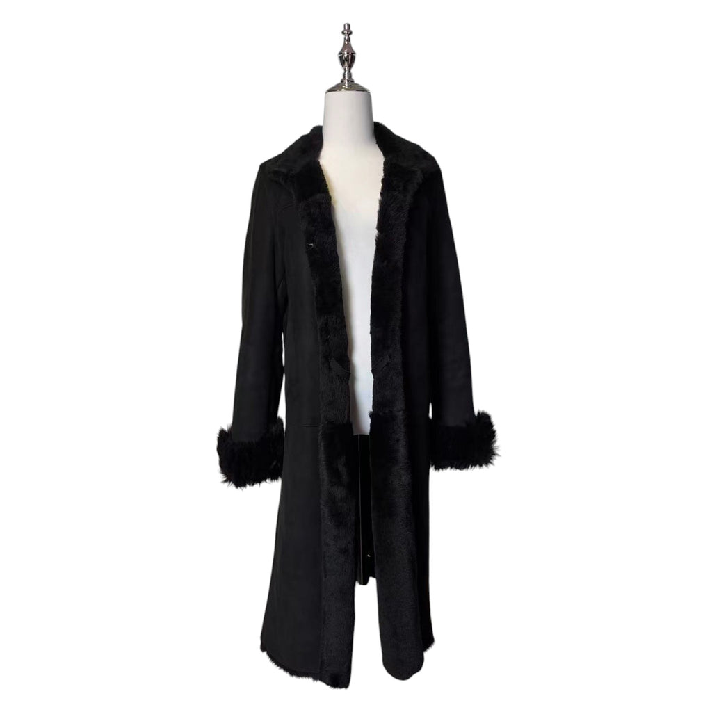 REAL SHEARLING SHEEPSKIN FUR LONG COAT JACKET BLACK SIZE M FROM JAPAN