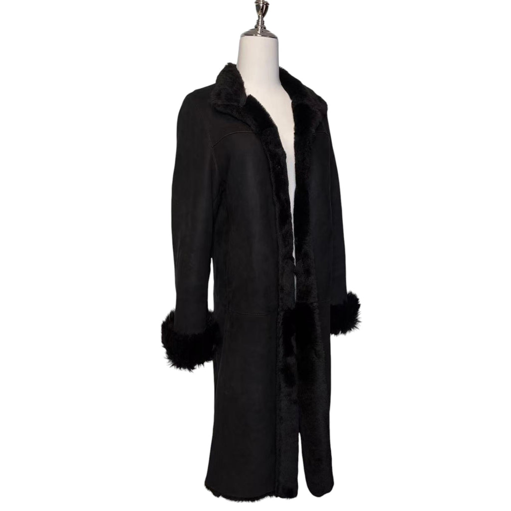 REAL SHEARLING SHEEPSKIN FUR LONG COAT JACKET BLACK SIZE M FROM JAPAN