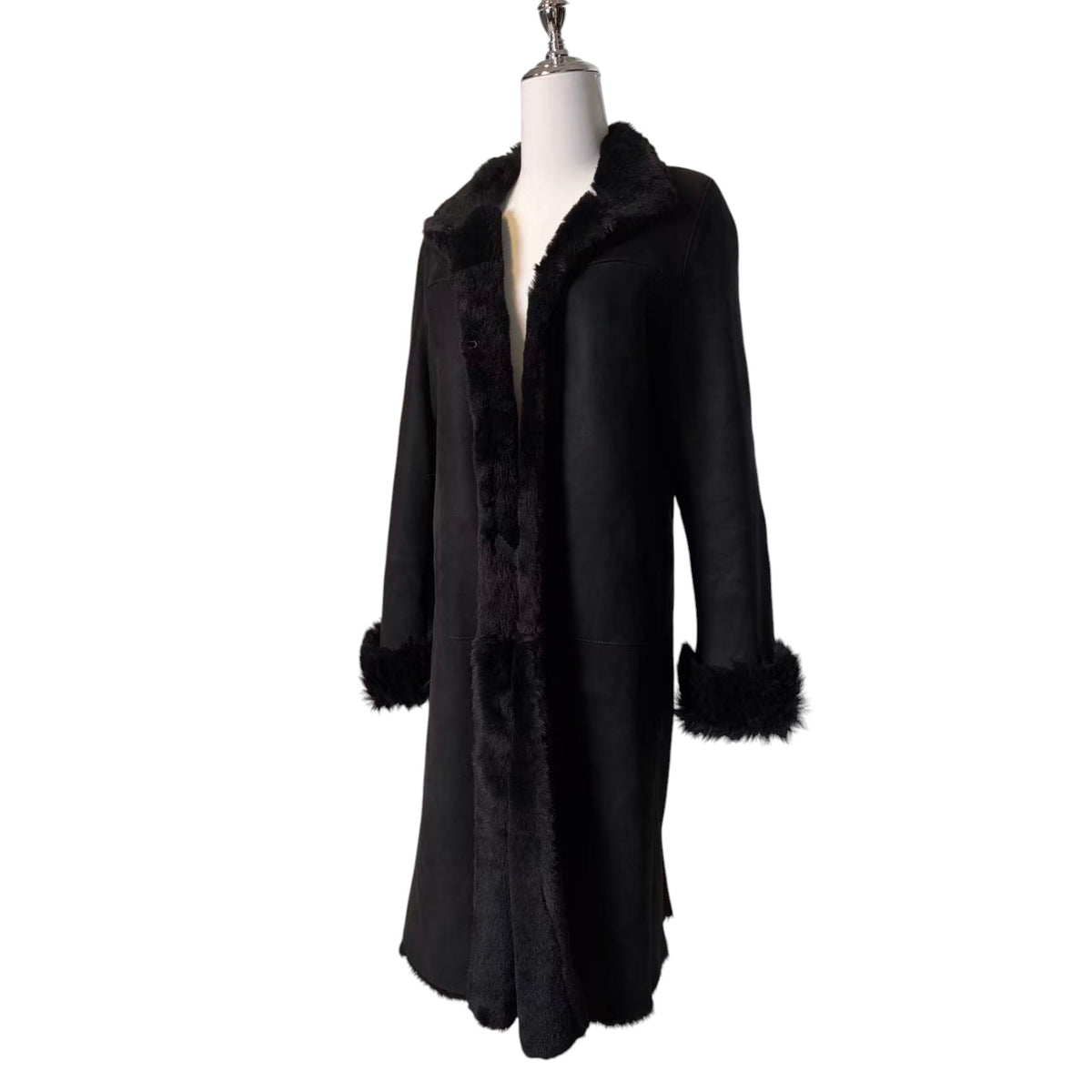 REAL SHEARLING SHEEPSKIN FUR LONG COAT JACKET BLACK SIZE M FROM JAPAN