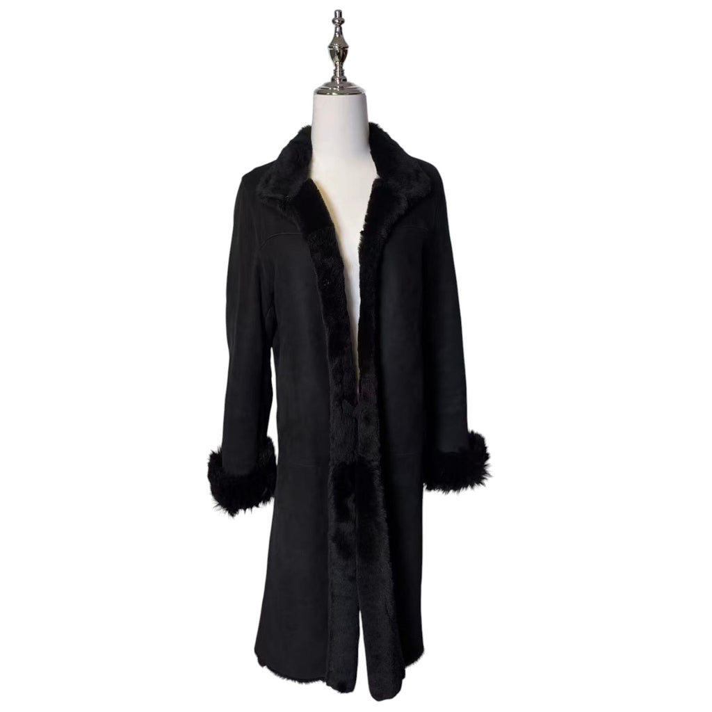 REAL SHEARLING SHEEPSKIN FUR LONG COAT JACKET BLACK SIZE M FROM JAPAN