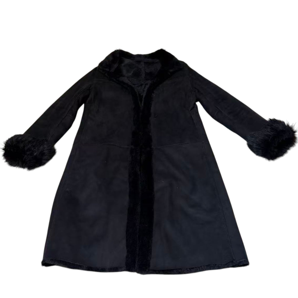 REAL SHEARLING SHEEPSKIN FUR LONG COAT JACKET BLACK SIZE M FROM JAPAN