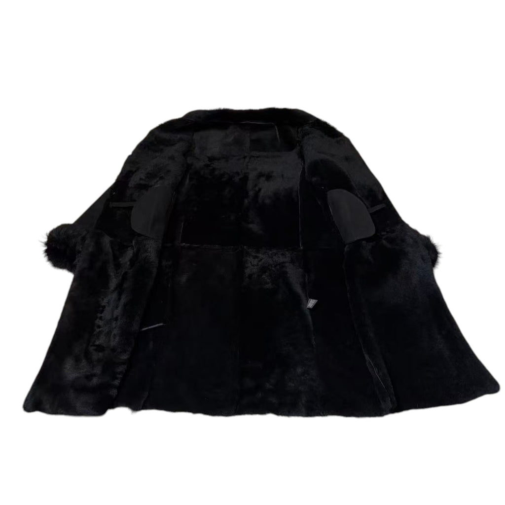 REAL SHEARLING SHEEPSKIN FUR LONG COAT JACKET BLACK SIZE M FROM JAPAN