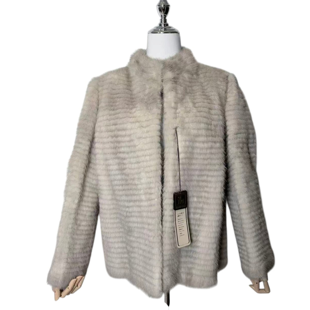 SCANDINAVIA REAL FUR COAT GREIGE BORDER DESIGN UNUSED SIZE M JAPAN