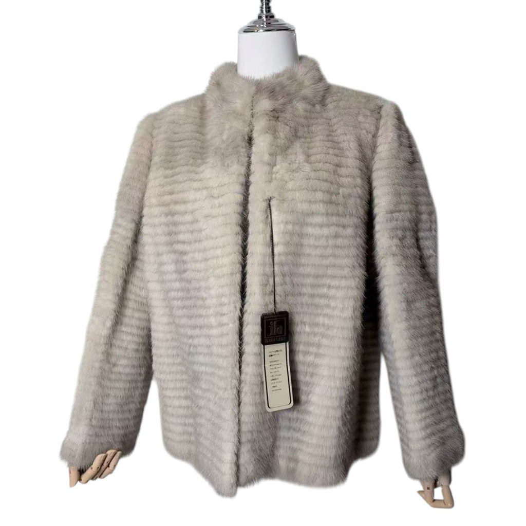 SCANDINAVIA REAL FUR COAT GREIGE BORDER DESIGN UNUSED SIZE M JAPAN