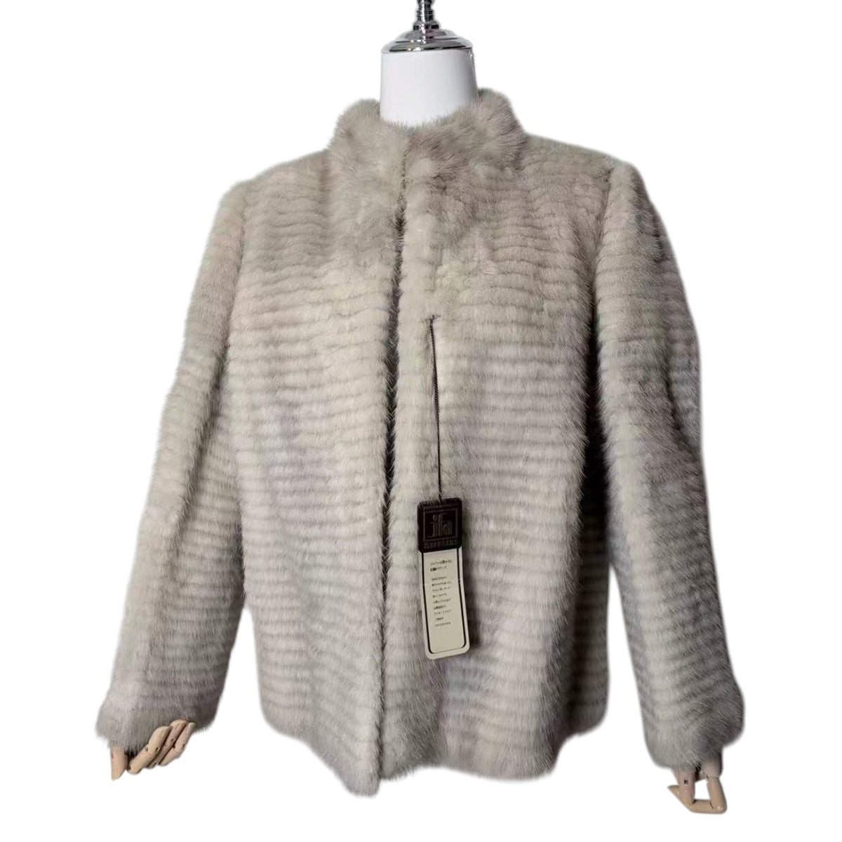 SCANDINAVIA REAL FUR COAT GREIGE BORDER DESIGN UNUSED SIZE M JAPAN