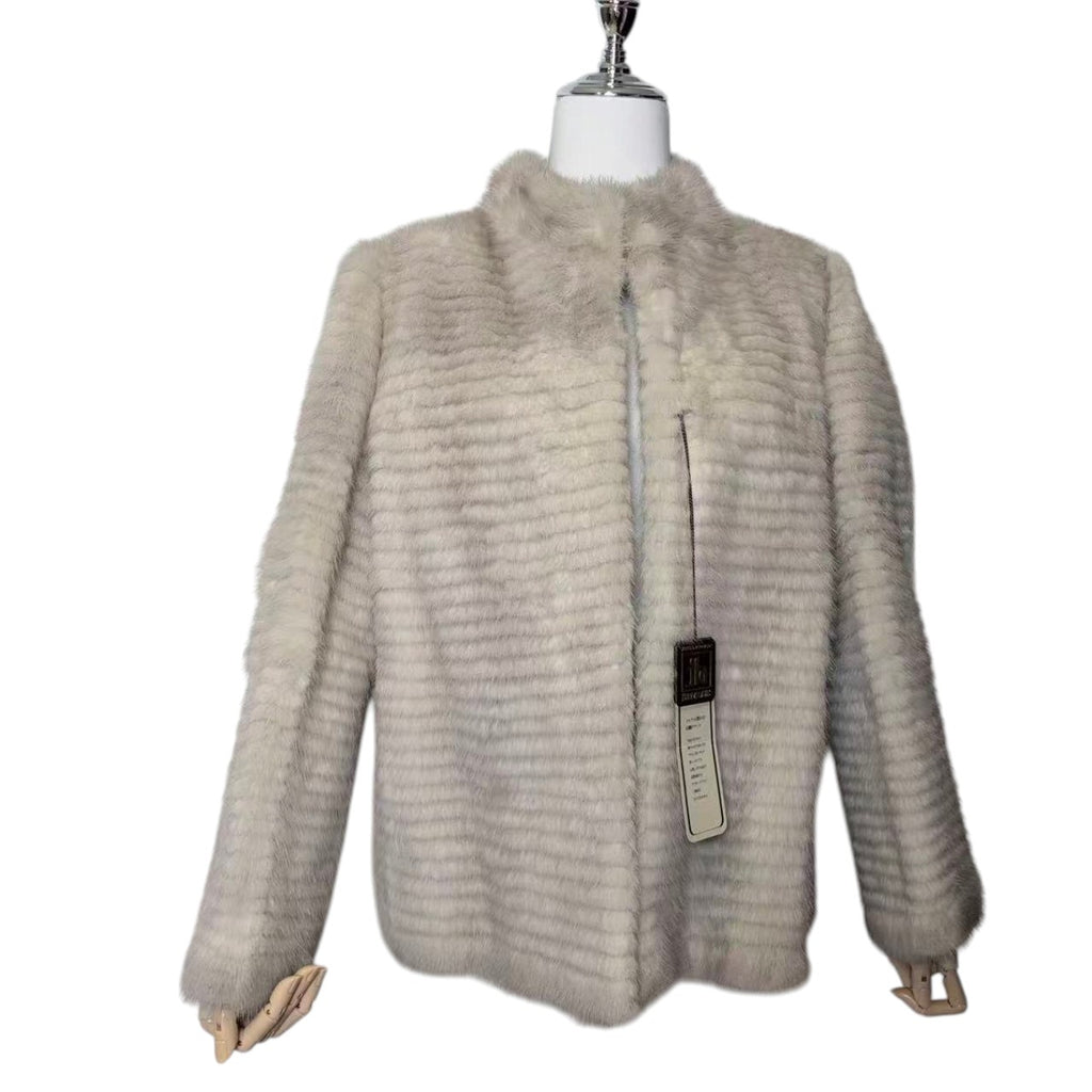 SCANDINAVIA REAL FUR COAT GREIGE BORDER DESIGN UNUSED SIZE M JAPAN