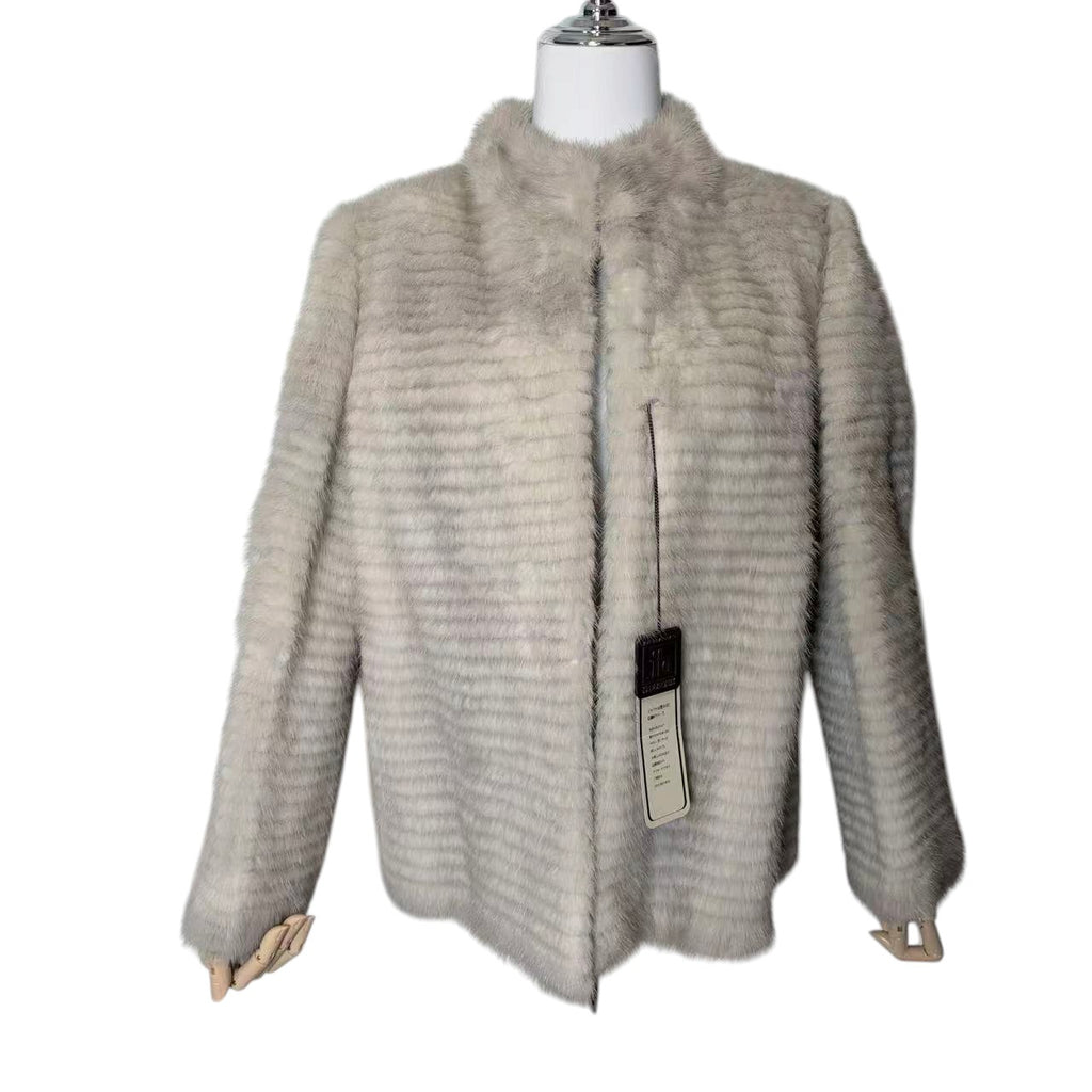 SCANDINAVIA REAL FUR COAT GREIGE BORDER DESIGN UNUSED SIZE M JAPAN