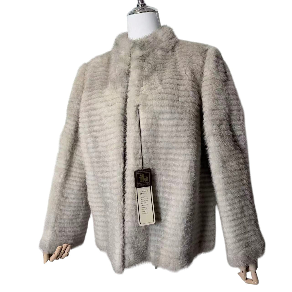 SCANDINAVIA REAL FUR COAT GREIGE BORDER DESIGN UNUSED SIZE M JAPAN