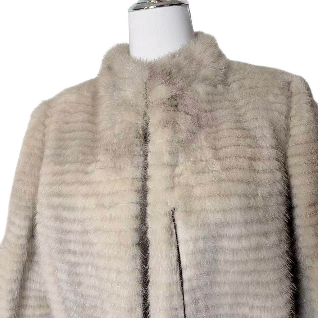 SCANDINAVIA REAL FUR COAT GREIGE BORDER DESIGN UNUSED SIZE M JAPAN