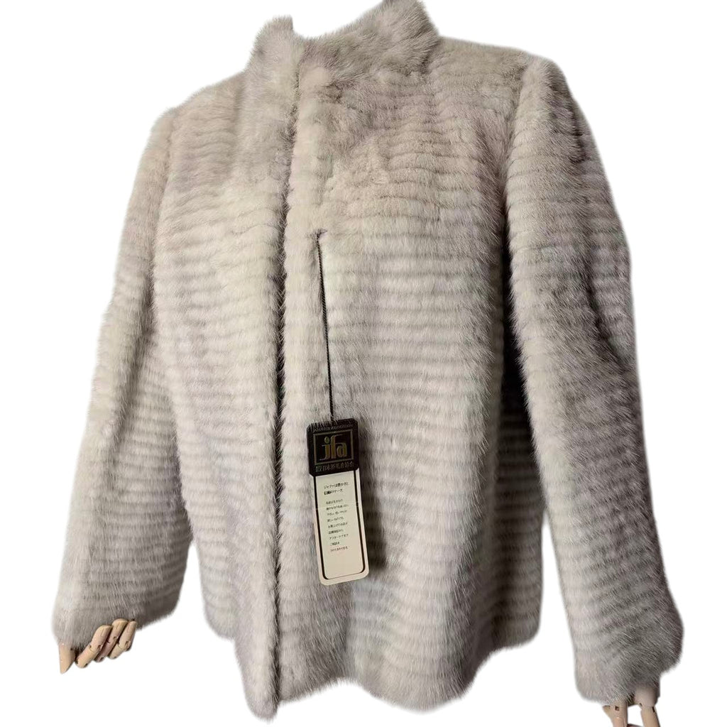 SCANDINAVIA REAL FUR COAT GREIGE BORDER DESIGN UNUSED SIZE M JAPAN