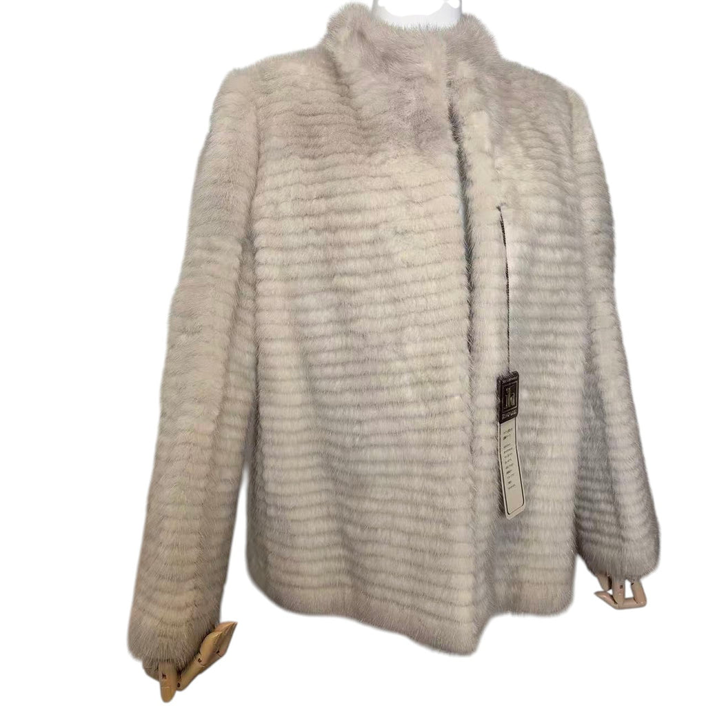 SCANDINAVIA REAL FUR COAT GREIGE BORDER DESIGN UNUSED SIZE M JAPAN