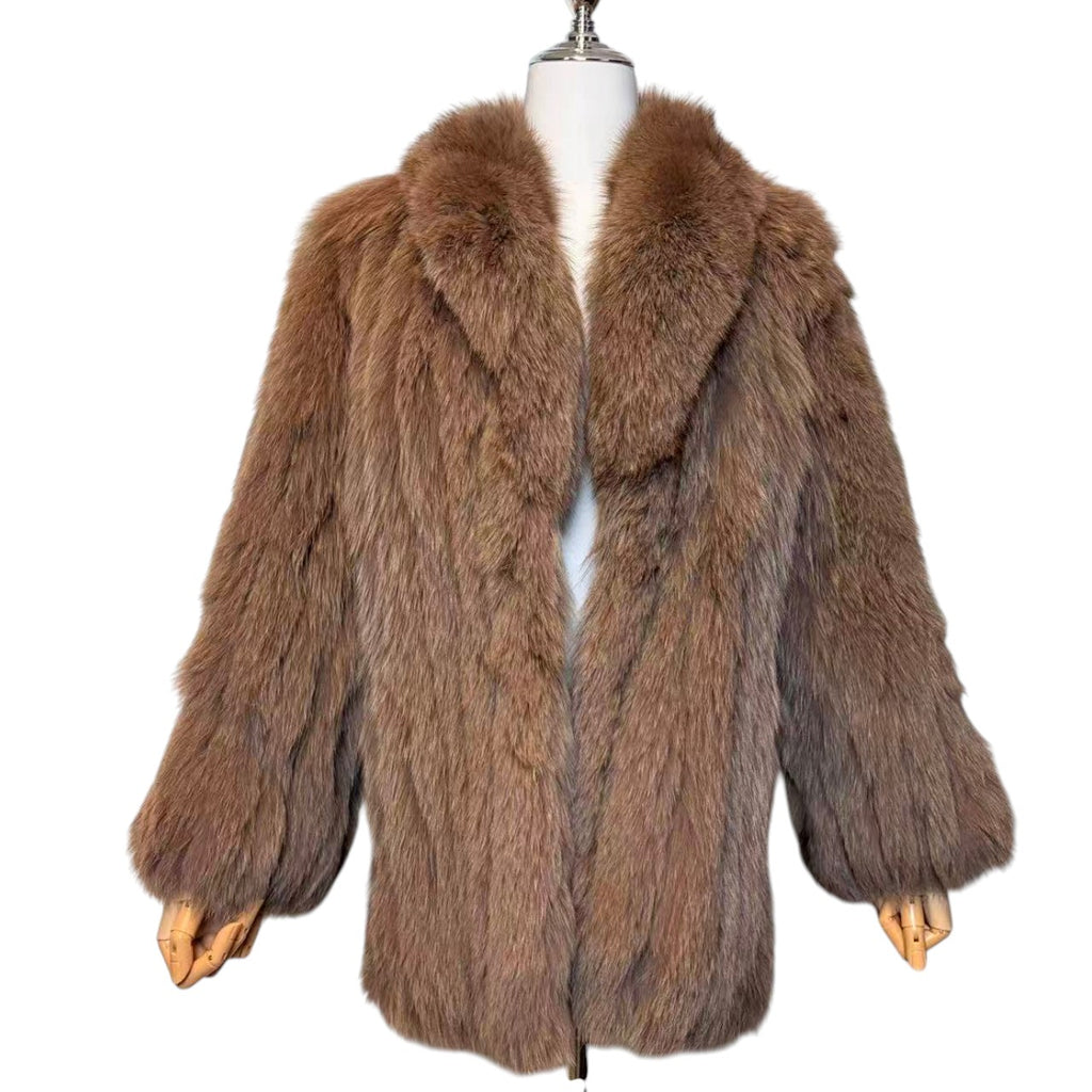 FUR CANADIA FOX FUR COAT VOLUMINOUS LUXURY WINTER JACKET BROWN SIZE M FROM JAPAN