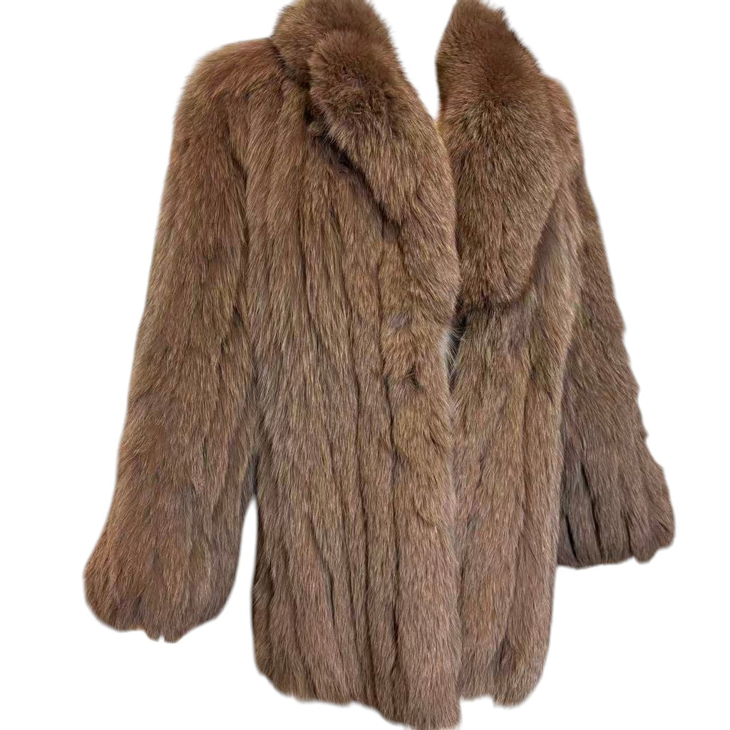 FUR CANADIA FOX FUR COAT VOLUMINOUS LUXURY WINTER JACKET BROWN SIZE M FROM JAPAN