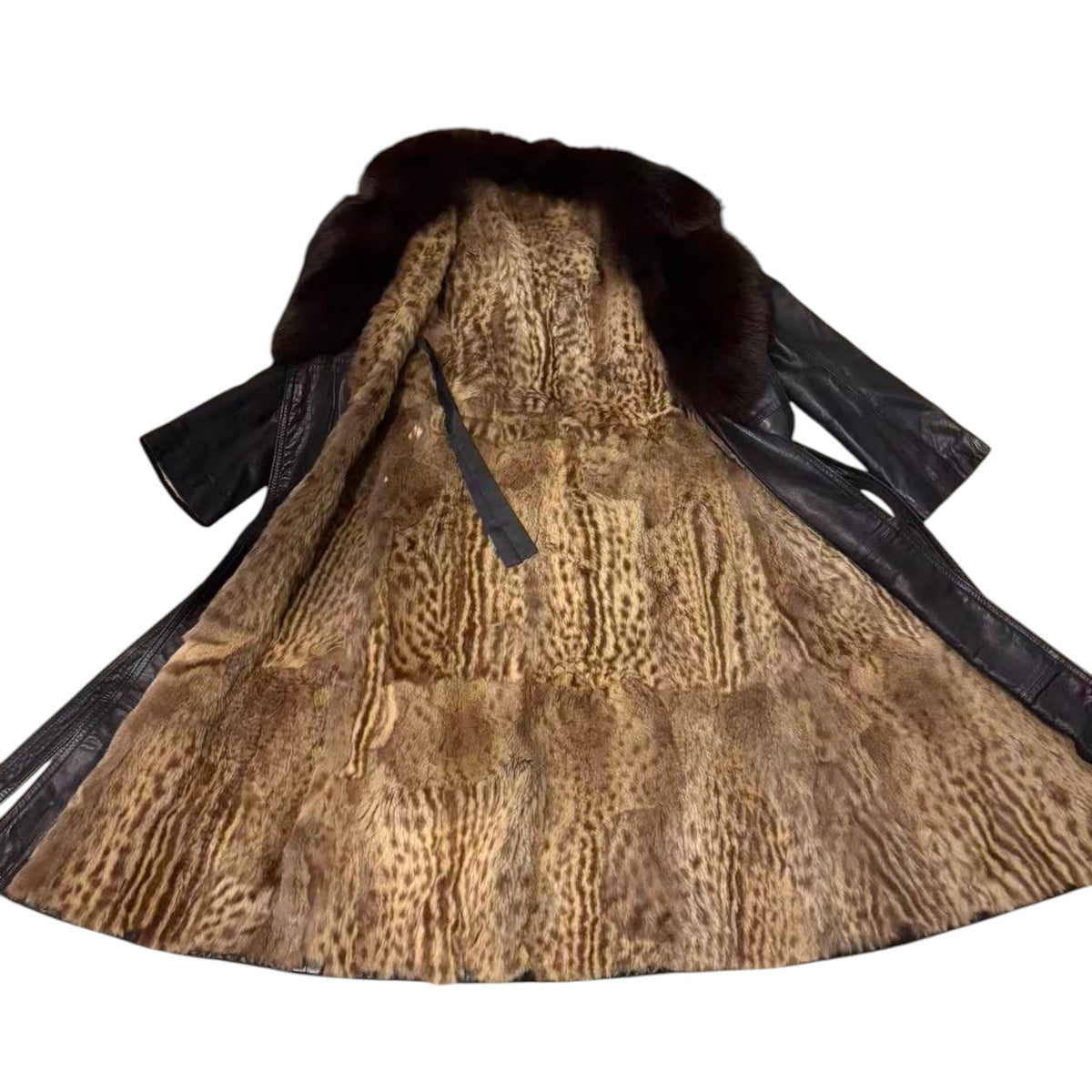 BLACK COWHIDE LEATHER REAL FUR COLLAR LINED LONG COAT TRENCH WINTER SIZE M - image 10