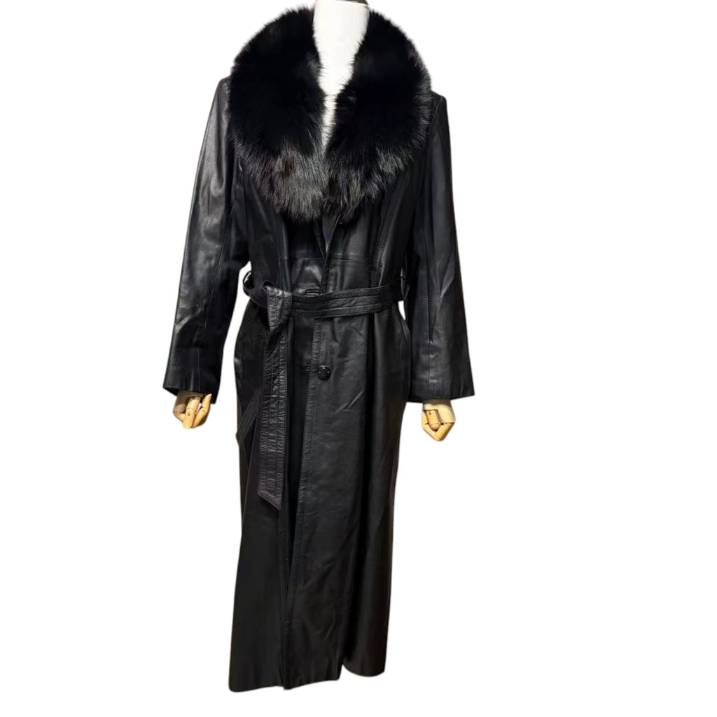 BLACK COWHIDE LEATHER LONG COAT REAL FUR COLLAR BELTED SIZE M FROM JAPAN - image 10