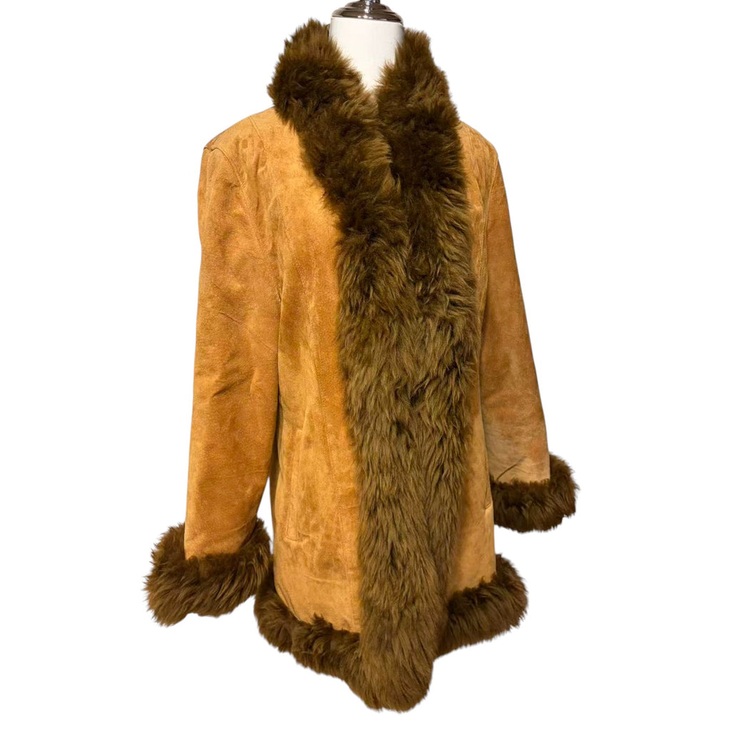 PIGSKIN LEATHER MOUTON FUR TRIM COAT MID-LENGTH BROWN SIZE M FROM JAPAN - image 2