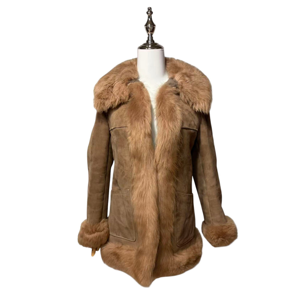 COLZER REAL SHEEPSKIN SHEARLING FUR COAT MID-LENGTH BROWN SIZE M JAPAN - image 1