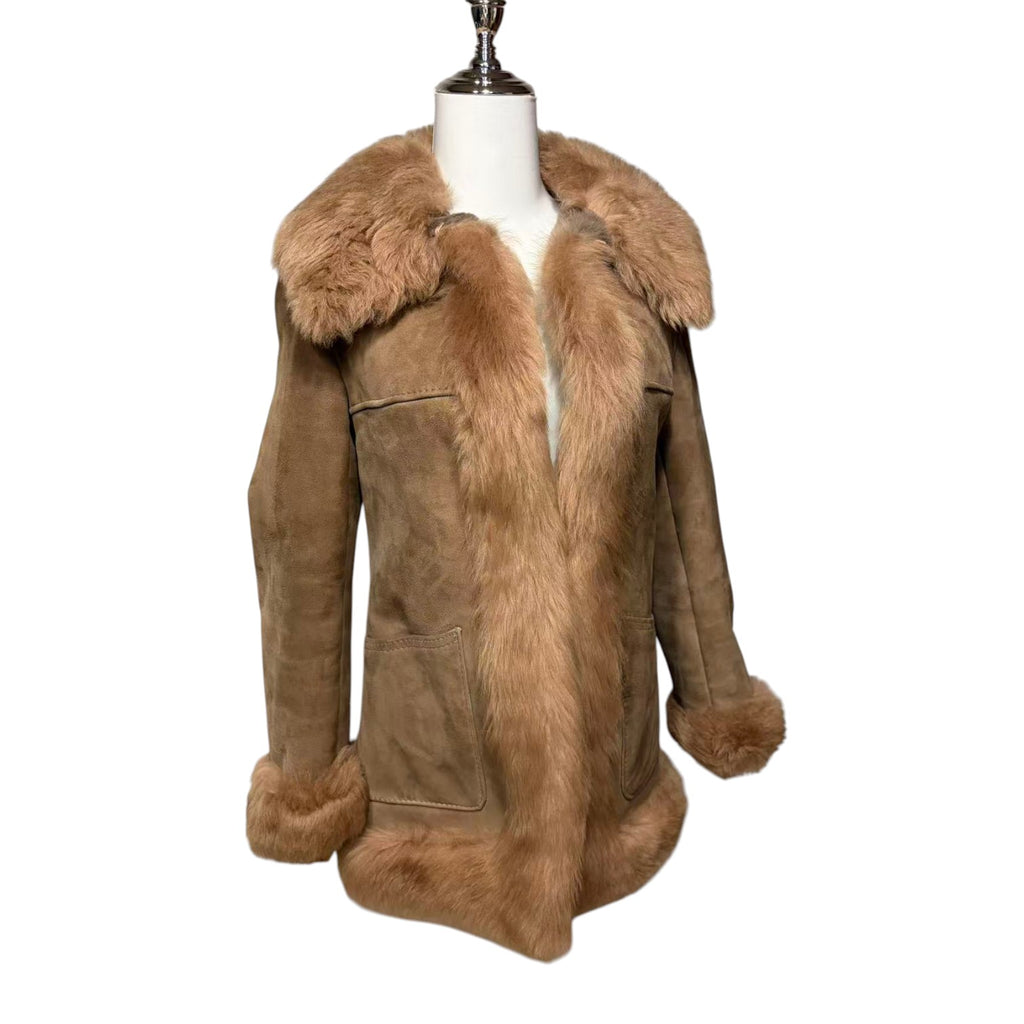 COLZER REAL SHEEPSKIN SHEARLING FUR COAT MID-LENGTH BROWN SIZE M JAPAN - image 2