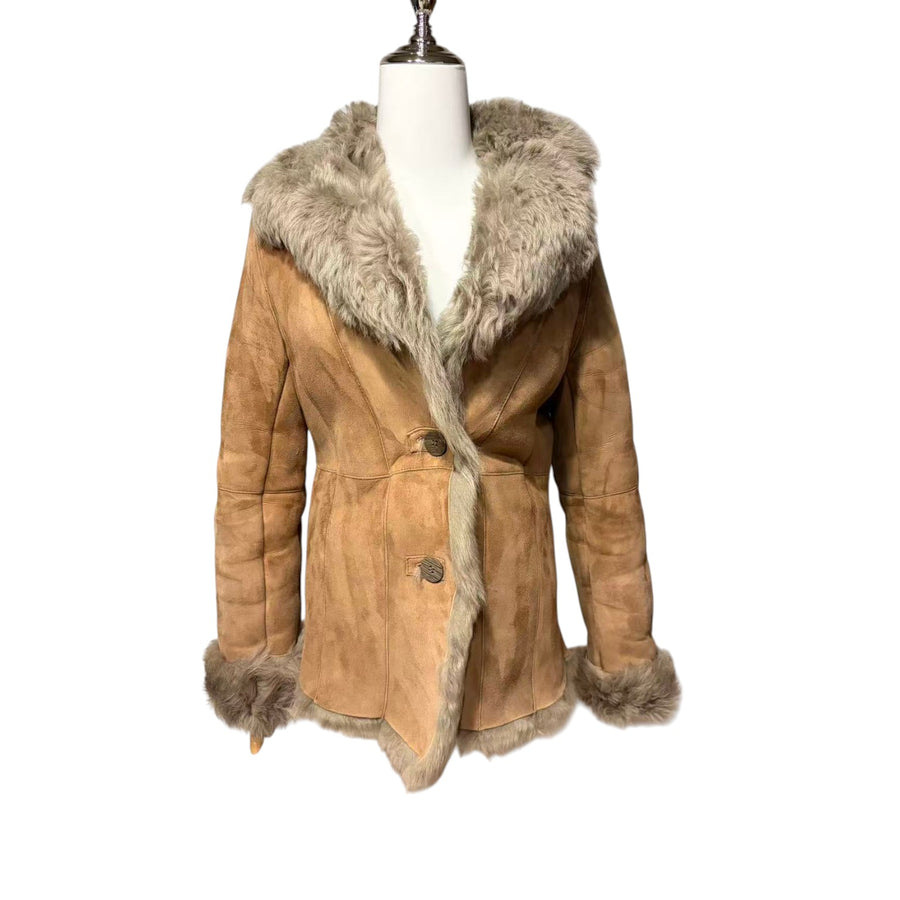 VINTAGE SHEEPSKIN REAL FUR MID LENGTH COAT JACKET BROWN WARM FROM JAPAN SIZE M - image 9