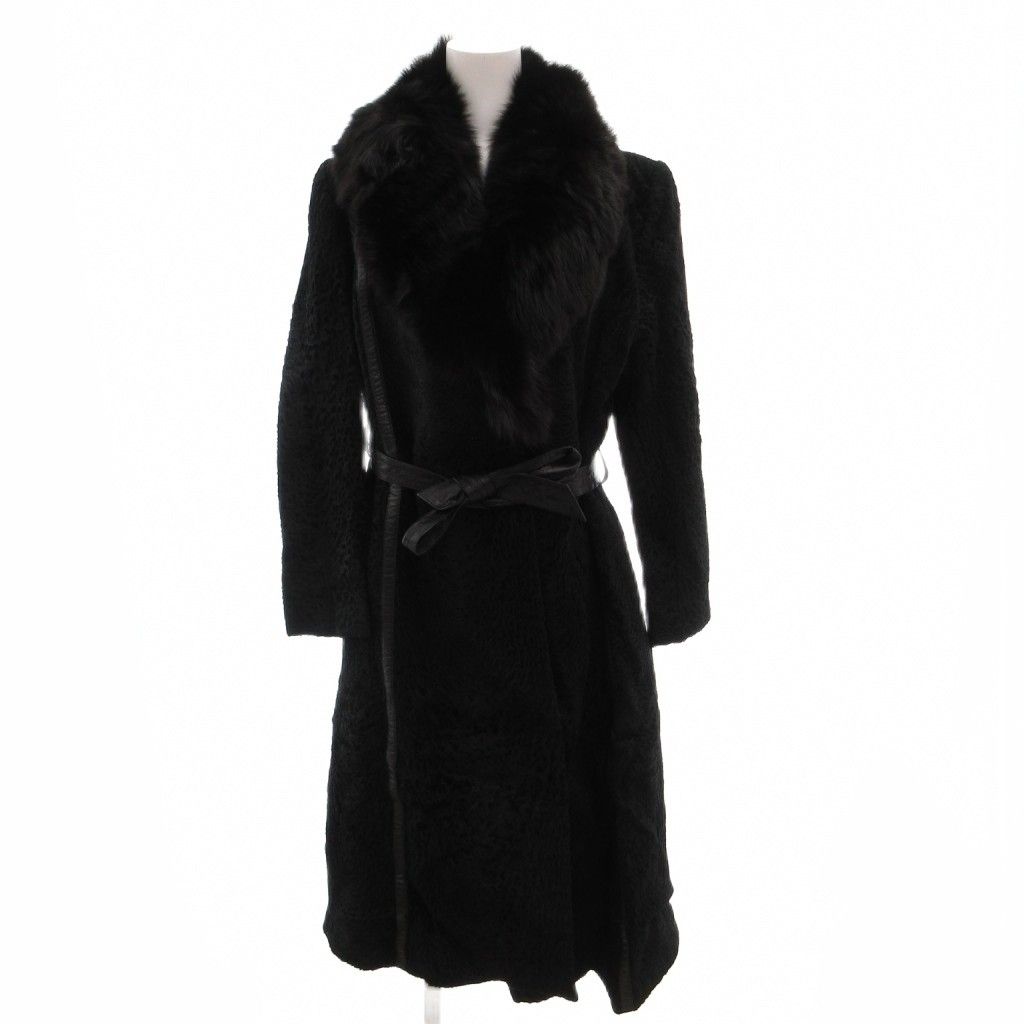 ARIANNA BABY LAMB FUR COAT FOX FUR COLLAR BELTED LONG JACKET SIZE 11 L FROM JAPAN