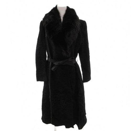 ARIANNA BABY LAMB FUR COAT FOX FUR COLLAR BELTED LONG JACKET SIZE 11 L FROM JAPAN